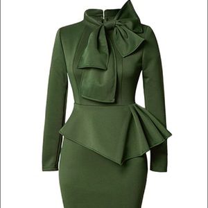 Peplum Long Sleeve Dress with Bow Tie